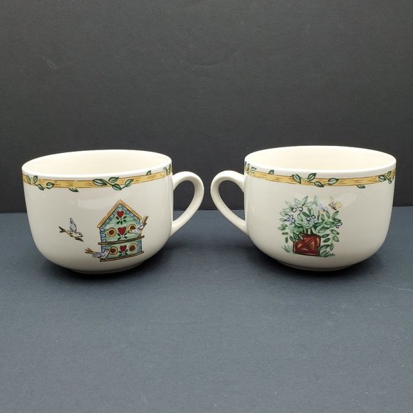 Thomson Pottery Birdhouse Soup Mugs Oversized Coffee Mugs Birds Flowers Leaves - Picture 2 of 7